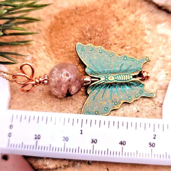 Unique Nature Plum Blossom Rutilated Bead With Bass Butterfly Pendant Necklace - Picture 9 of 10